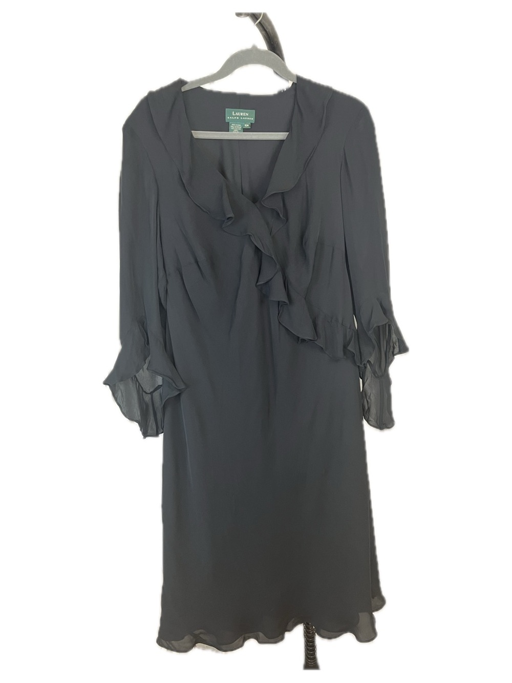 Lauren Ralph Lauren Silk Chiffon Goth Black Ruffle-Trim Midi Dress with V-Neck